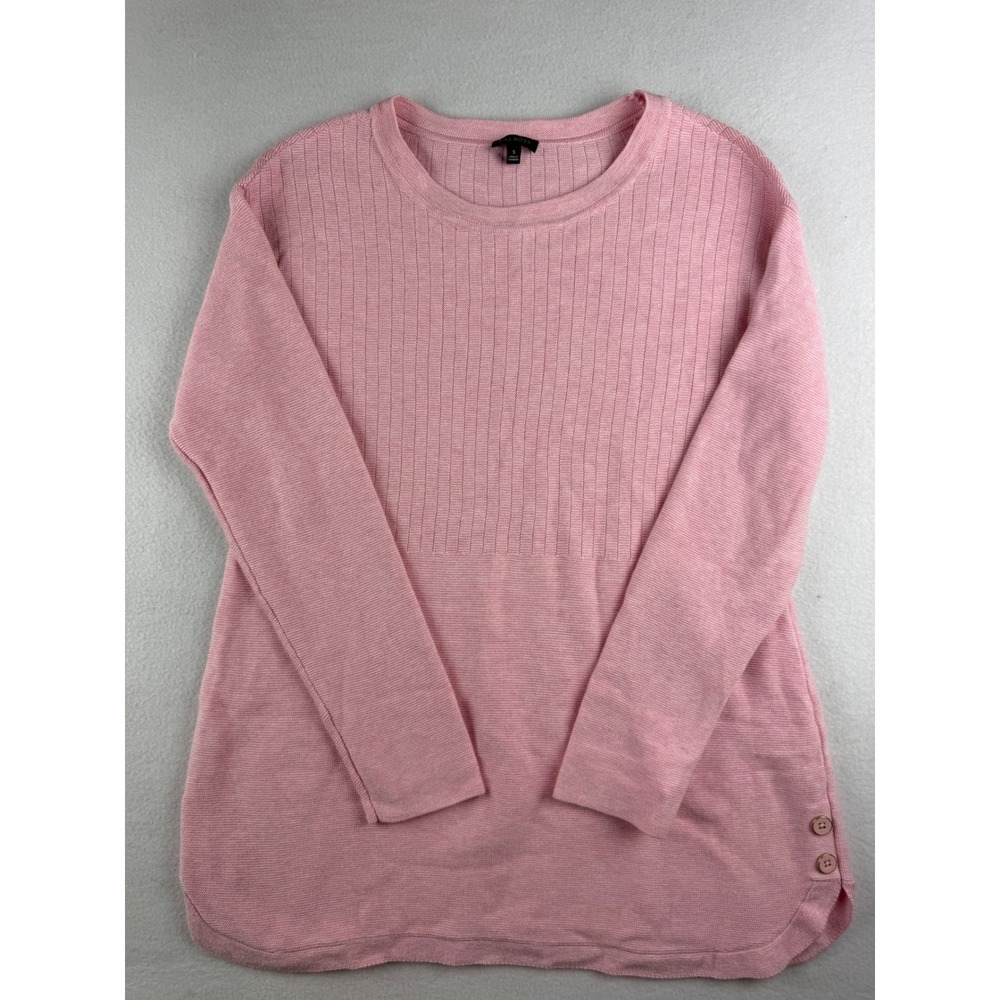 Talbots Womens Pink Ribbed Mixed Knit Side Button Crew Neck Sweater Small